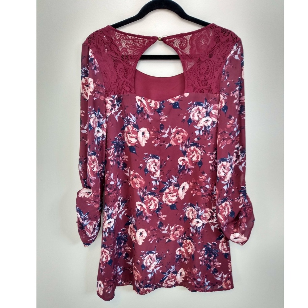 Romantic Dark Florals Lace Back Keyhole Burgundy Long Sleeve Dress Tunic Small - Picture 3 of 10